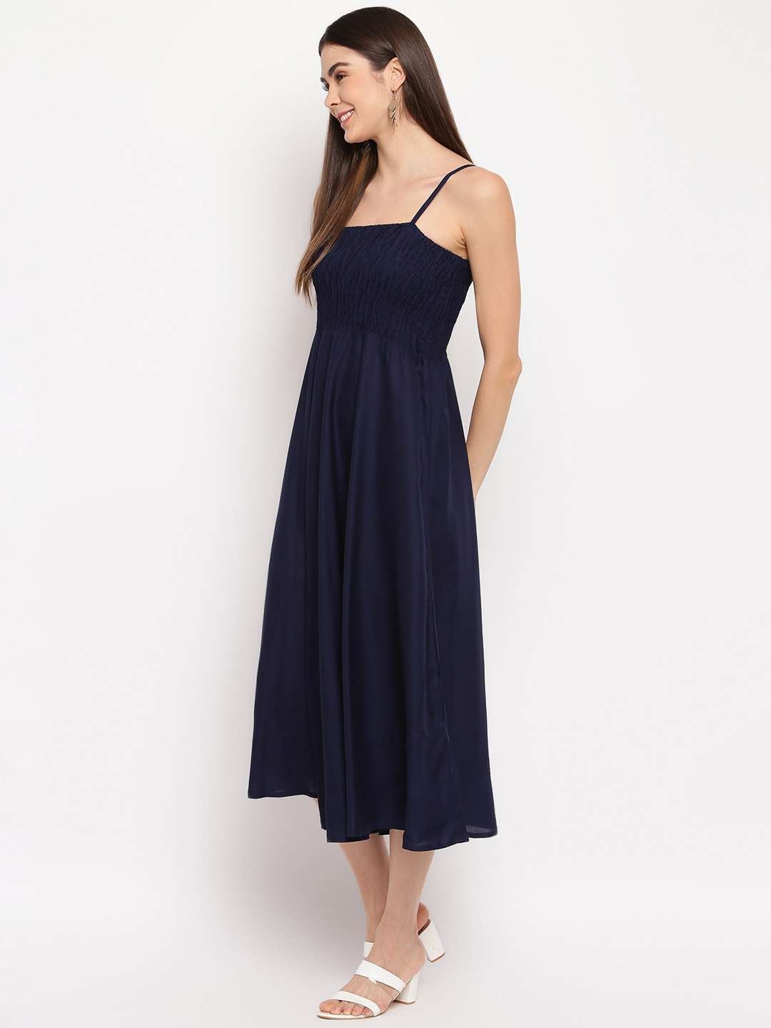 Women's Viscose Rayon Solid Shoulder Straps Sleeveless Flared Gown Drees (Dark Blue)