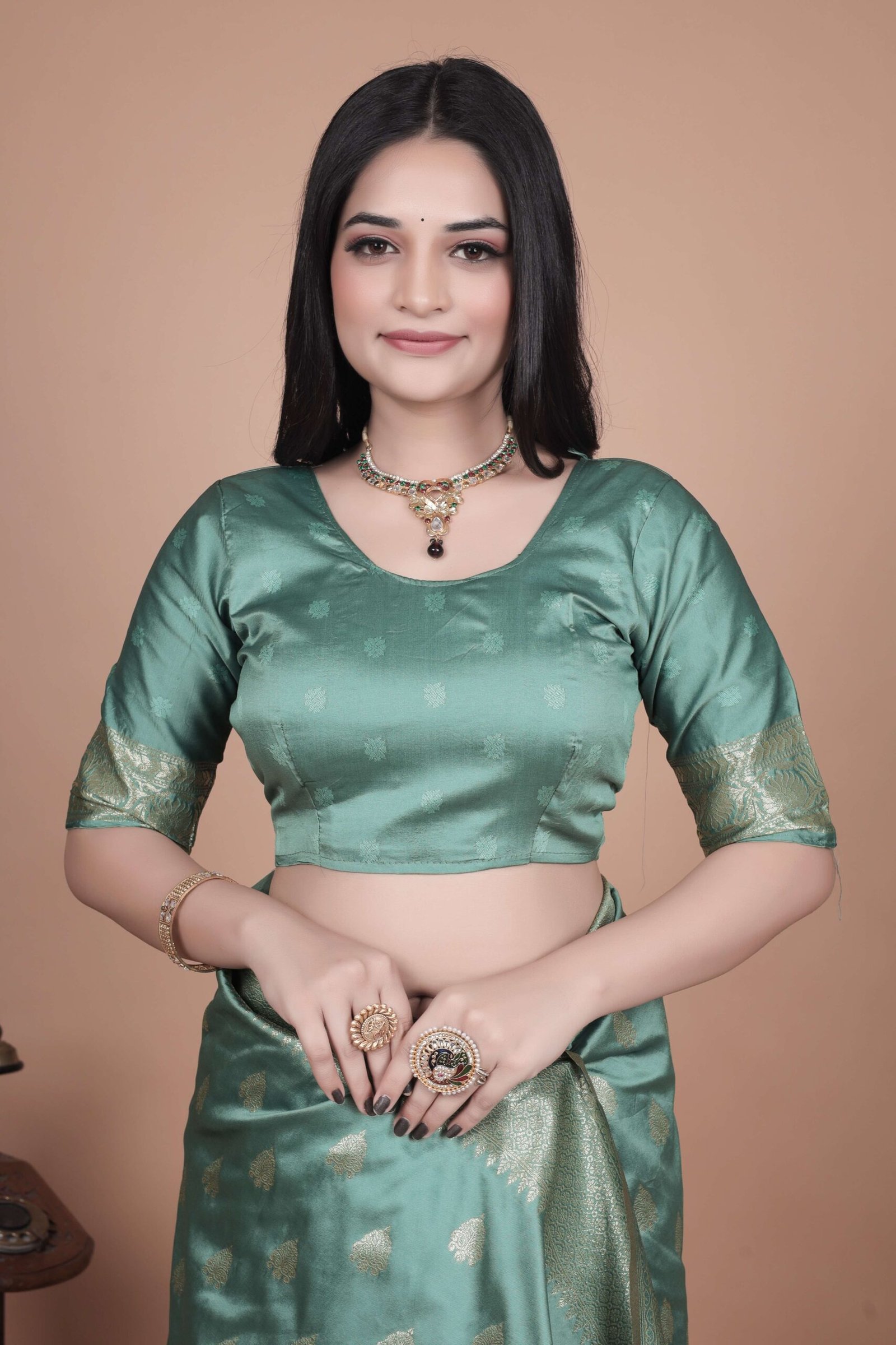 Mint Green Banarasi Silk Saree with Golden Zari & Peacock Design | Wedding, Festive & Traditional Wear | Designer Saree - Image 5