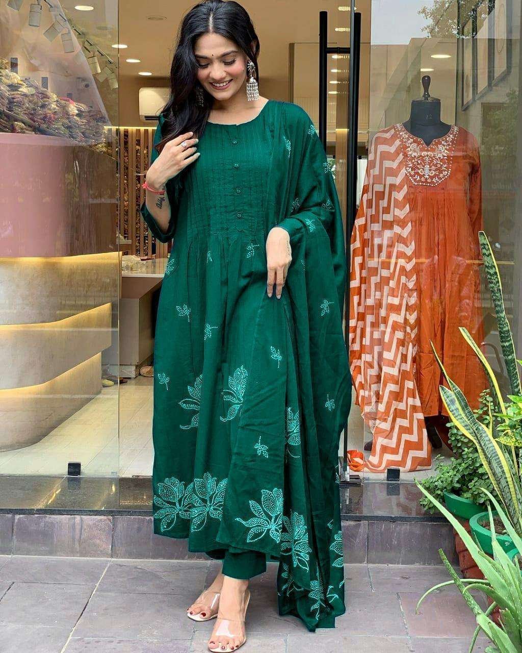 Women's Cotton Embroidery Floral Printed Long Straight Kurti With Pant And Dupatta Set