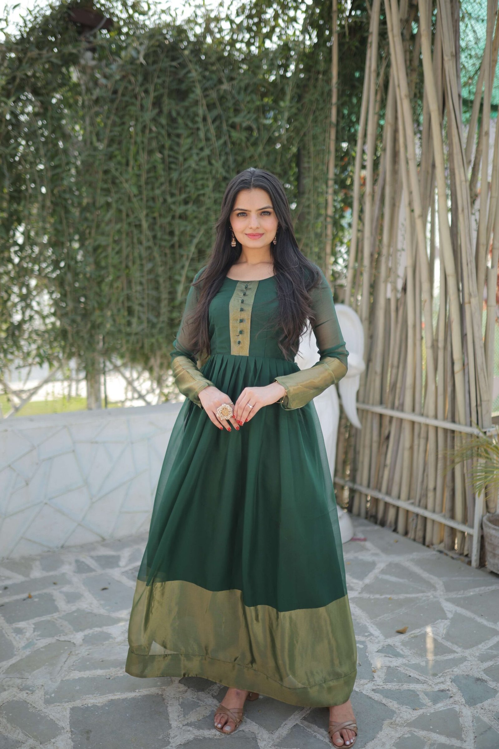 Green Elegant Chiffon Designer Gown with Golden Zari Patta ? Premium Ready-to-Wear Dress - Image 3