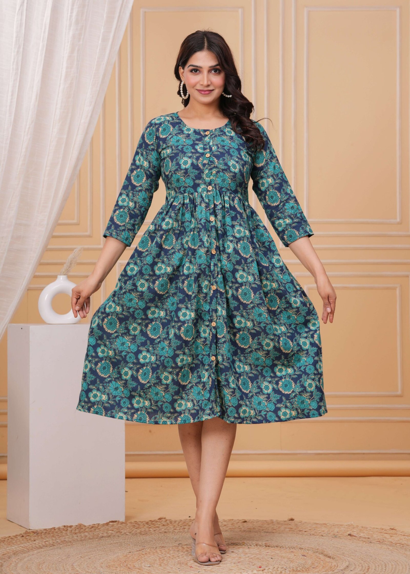 Teal Blue Floral Printed A-Line Midi Dress with Wooden Buttons & 3/4 Sleeves ? Casual & Party Wear