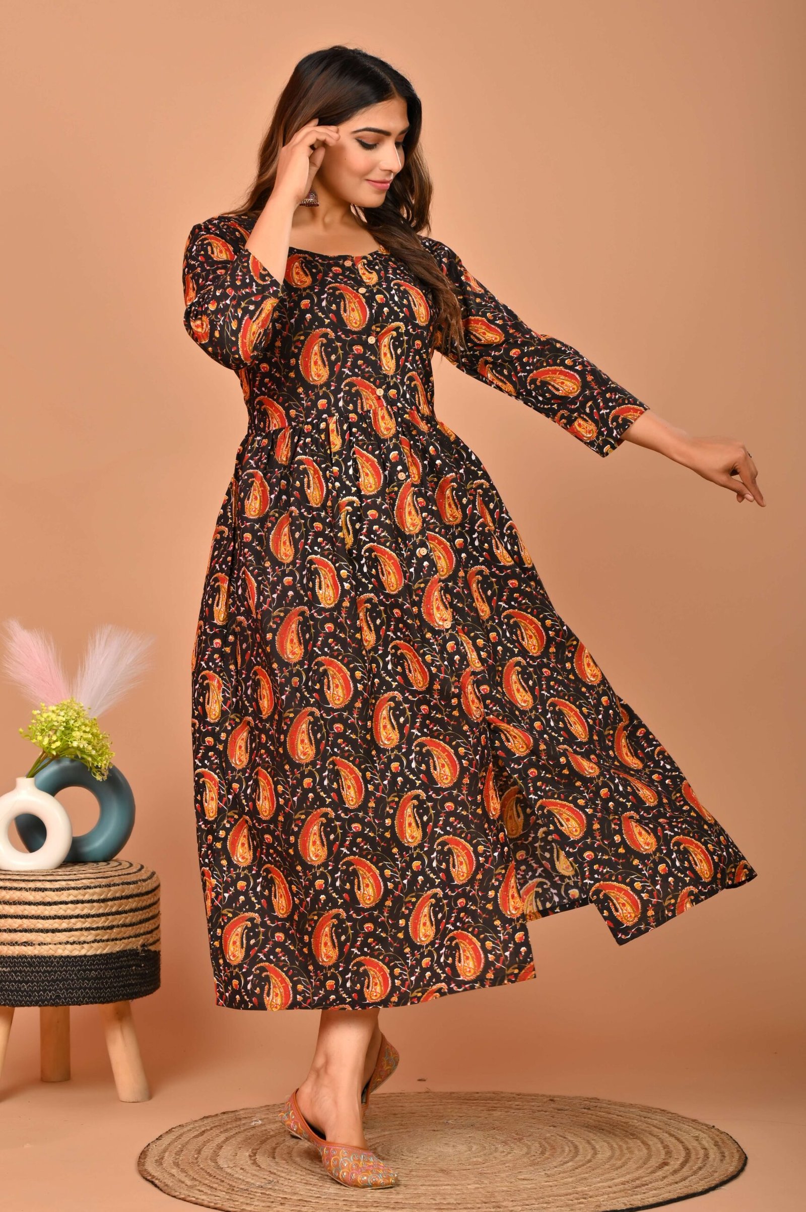 Black Floral Printed A-Line Midi Dress with 3/4th Sleeves ? Elegant Casual & Party Wear - Image 5