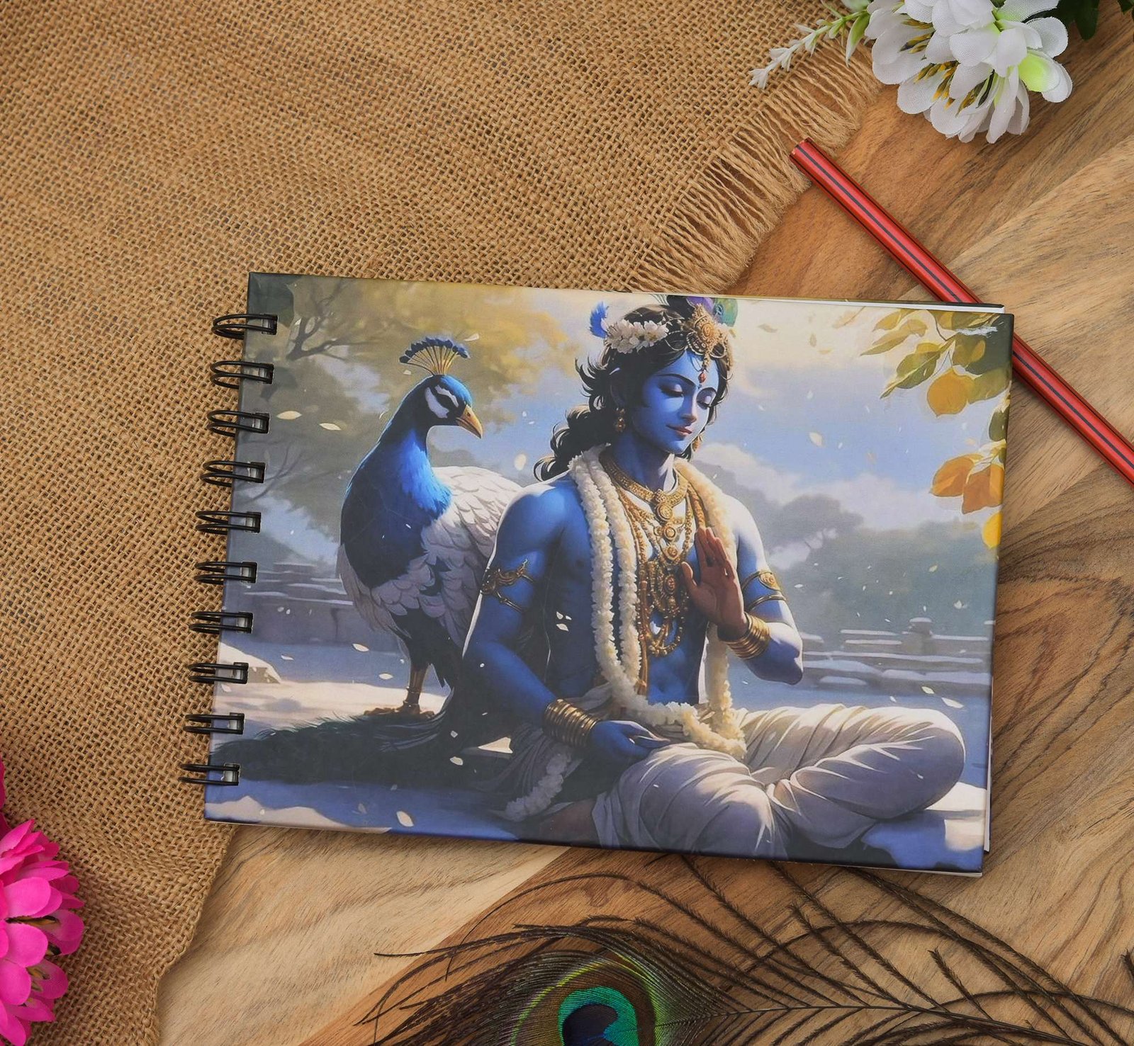 Handmade Classic Krishna & Peacock Printed Cardboard Writing sketching Diary for Different Purposes