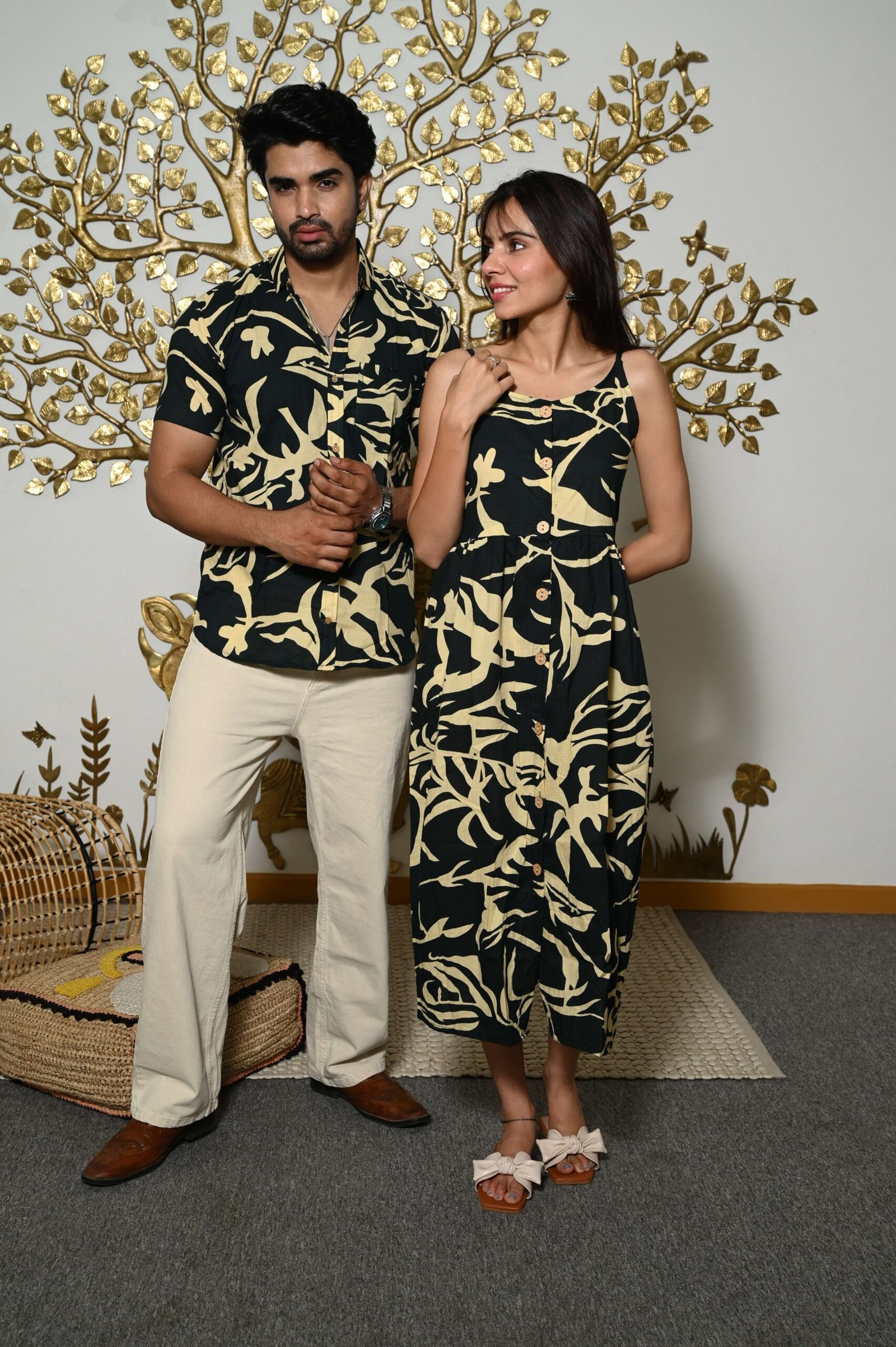 Couple Matching Outfit ? Black Cotton Printed Midi Dress & Shirt Set, Summer Casual Wear - Image 3