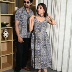 Couple Matching Outfit ? Blue Cotton Printed Midi Dress & Shirt Set, Casual Summer Wear