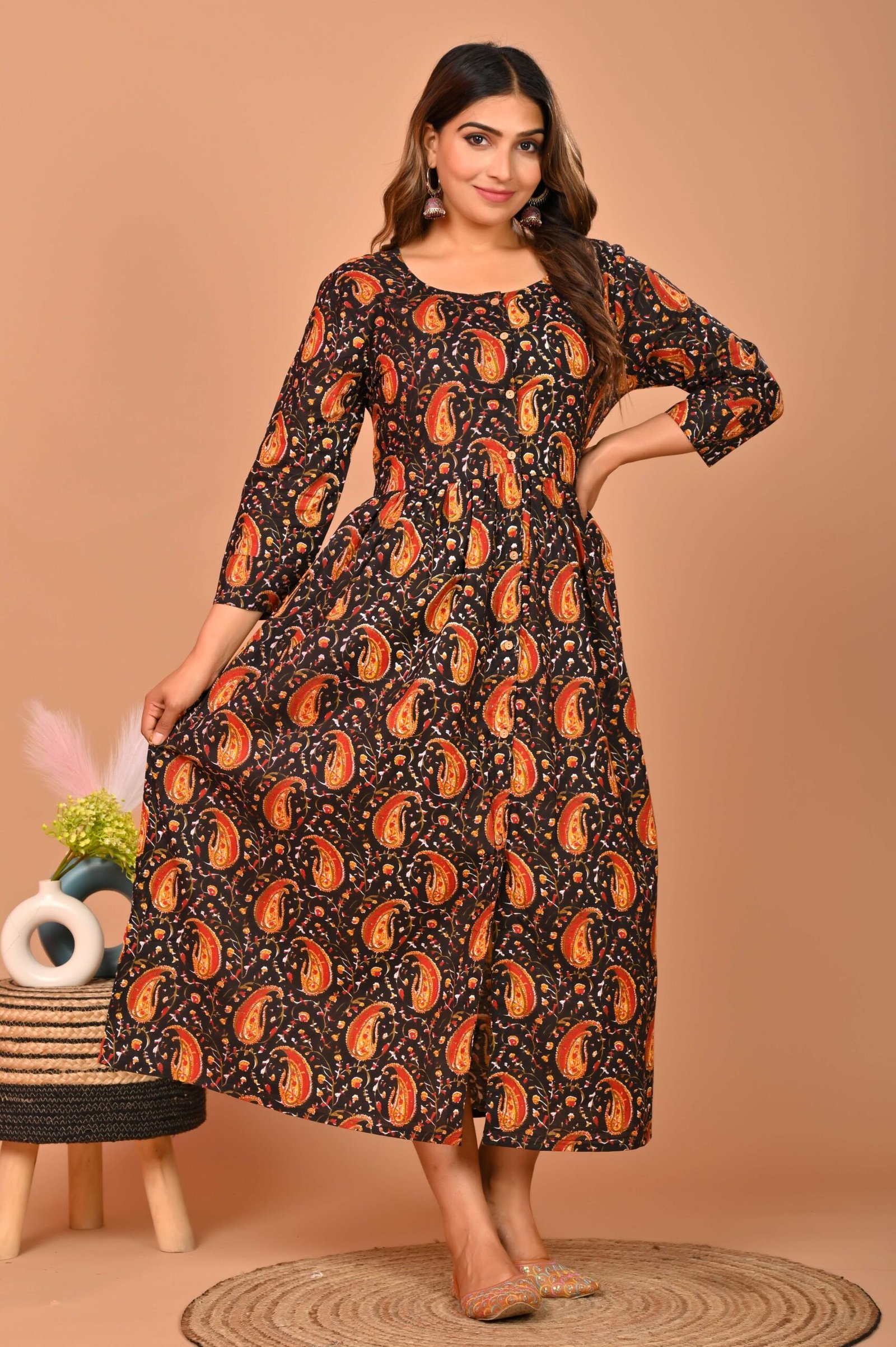 Black Floral Printed A-Line Midi Dress with 3/4th Sleeves ? Elegant Casual & Party Wear - Image 3