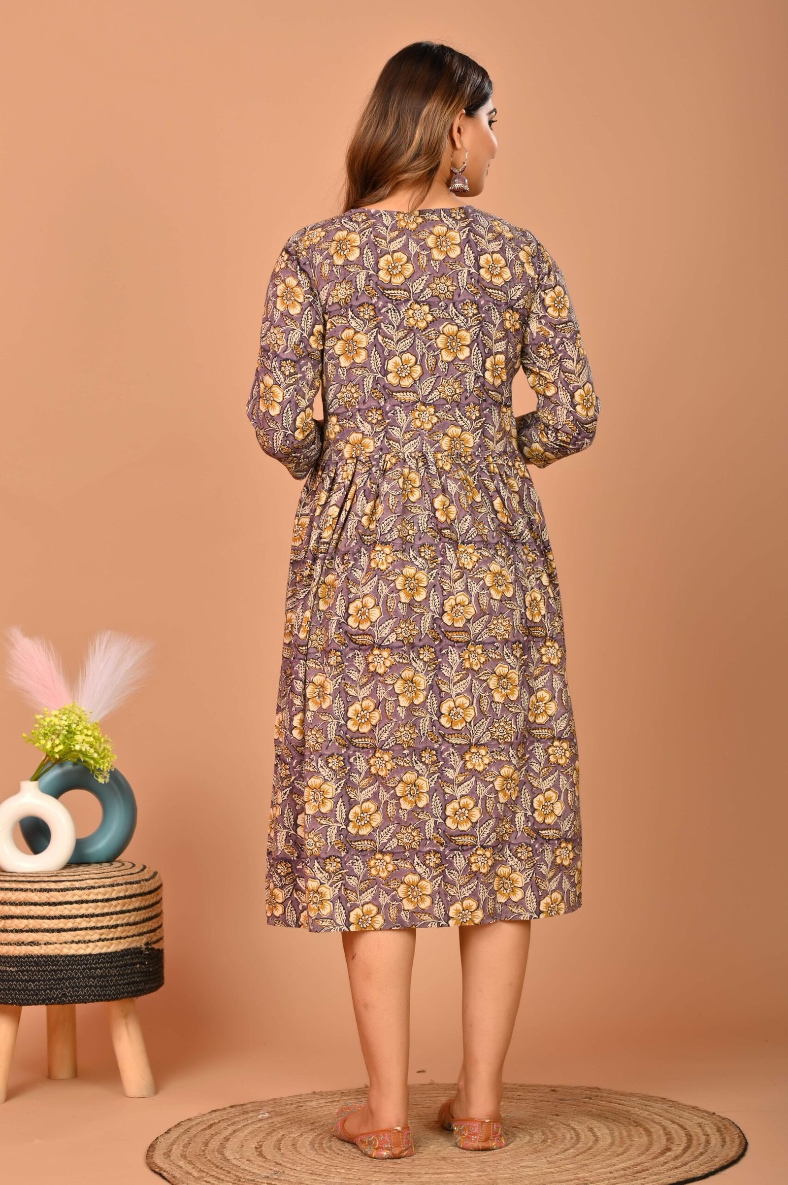 Purple & Yellow Floral Printed A-Line Midi Dress with 3/4 Sleeves ? Elegant Casual & Festive Wear - Image 2
