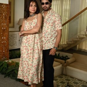 Couple Matching Outfit ? Cream Cotton Floral Printed Midi Dress & Shirt Set, Casual Summer Wear