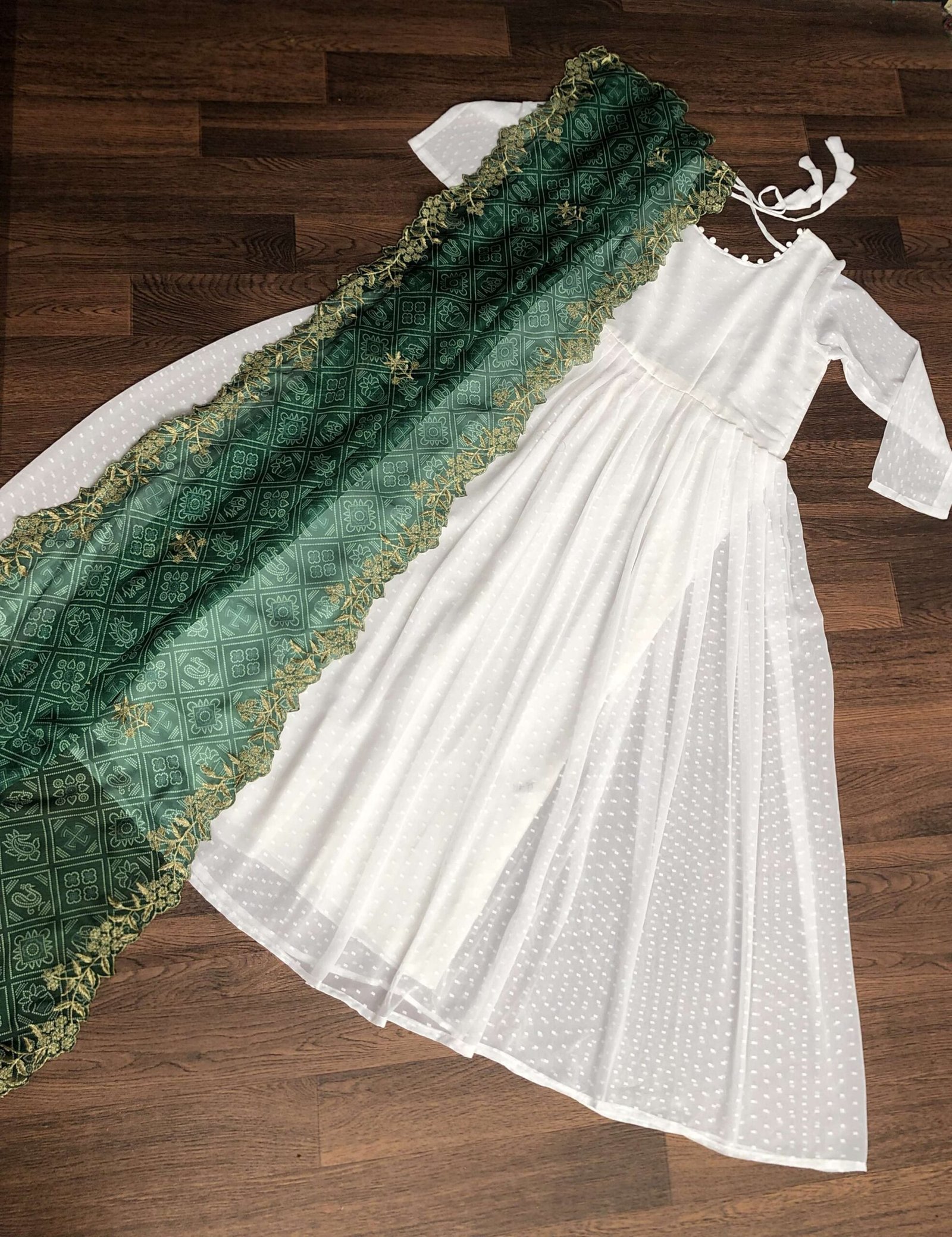 Elegant White And Green Georgette Gown with Soft Organza Dupatta ? Premium Designer Ready-to-Wear Set - Image 3