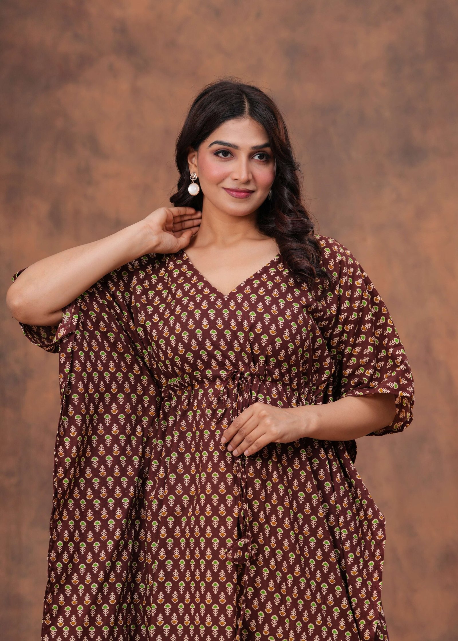 Women's Maroon Cotton Printed Kaftan Dress with Drawstring Waist - Image 5