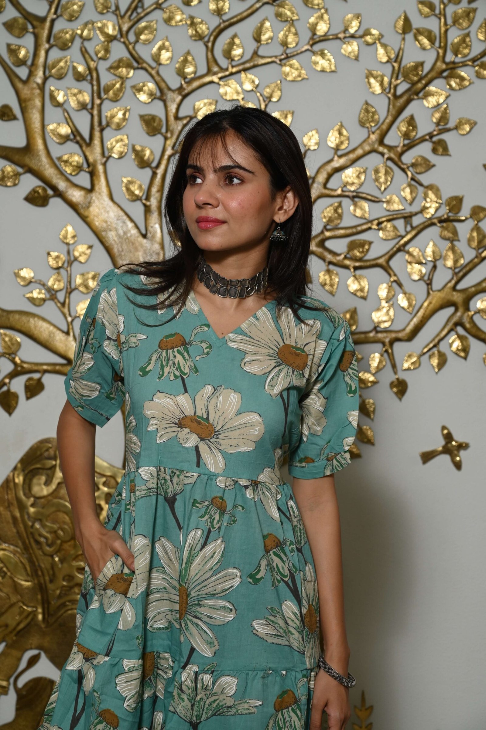 Teal-Blue Printed Cotton Anarkali Maxi Dress with Puff Sleeves Elegant Casual Wear - Image 4