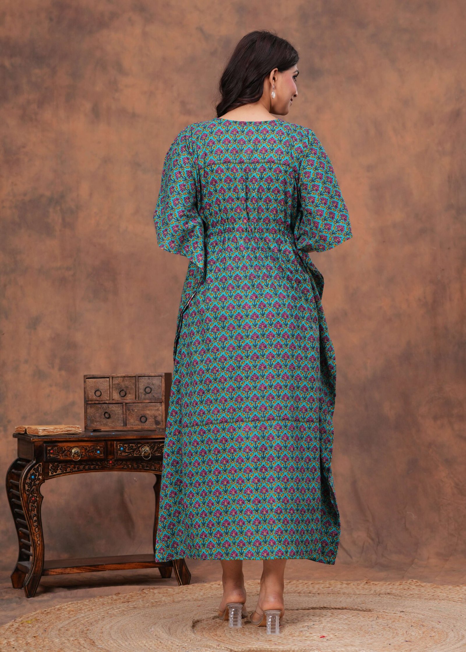 Women's Green Cotton Printed Kaftan Dress with Drawstring Waist - Image 2