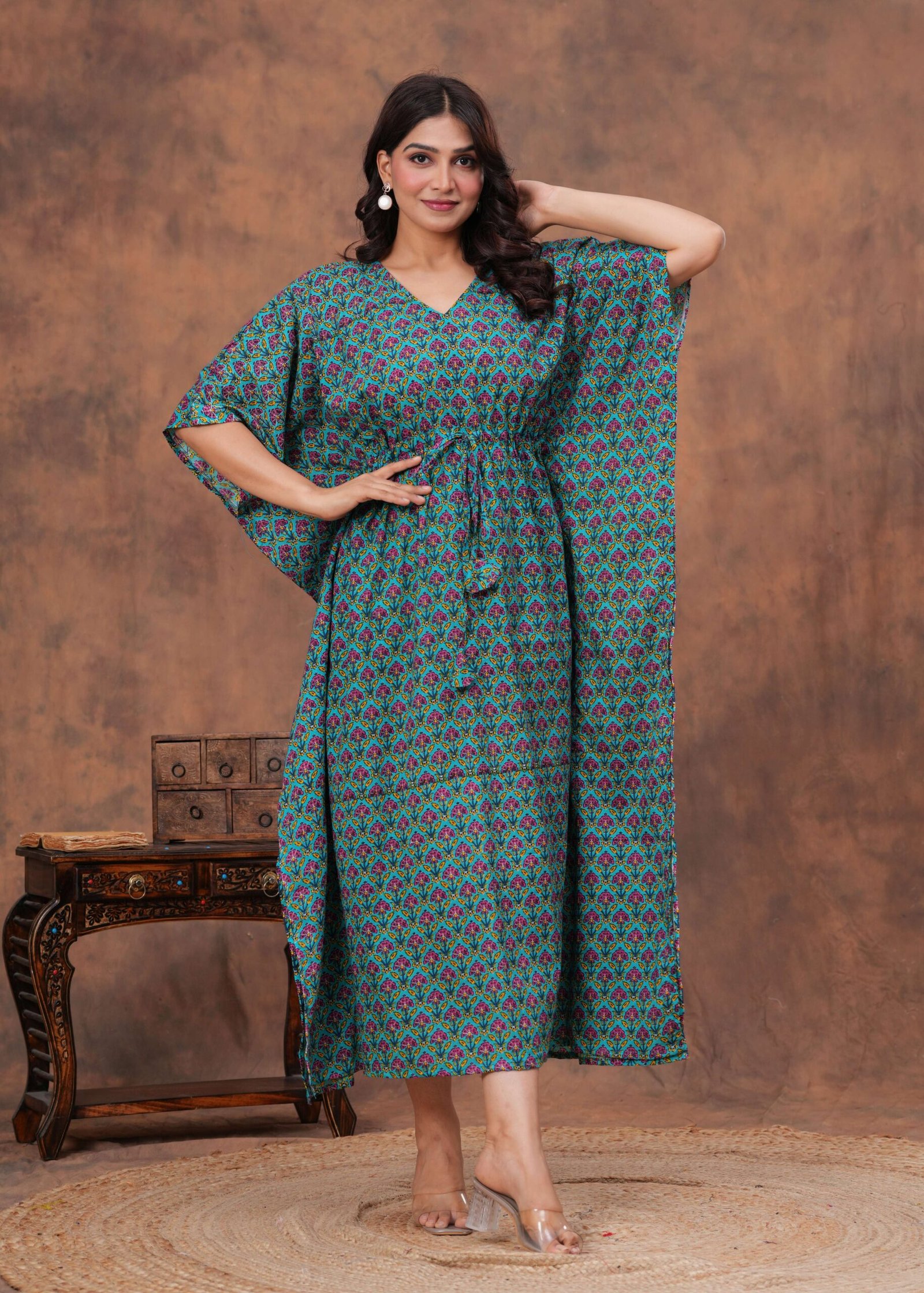 Women's Green Cotton Printed Kaftan Dress with Drawstring Waist - Image 6
