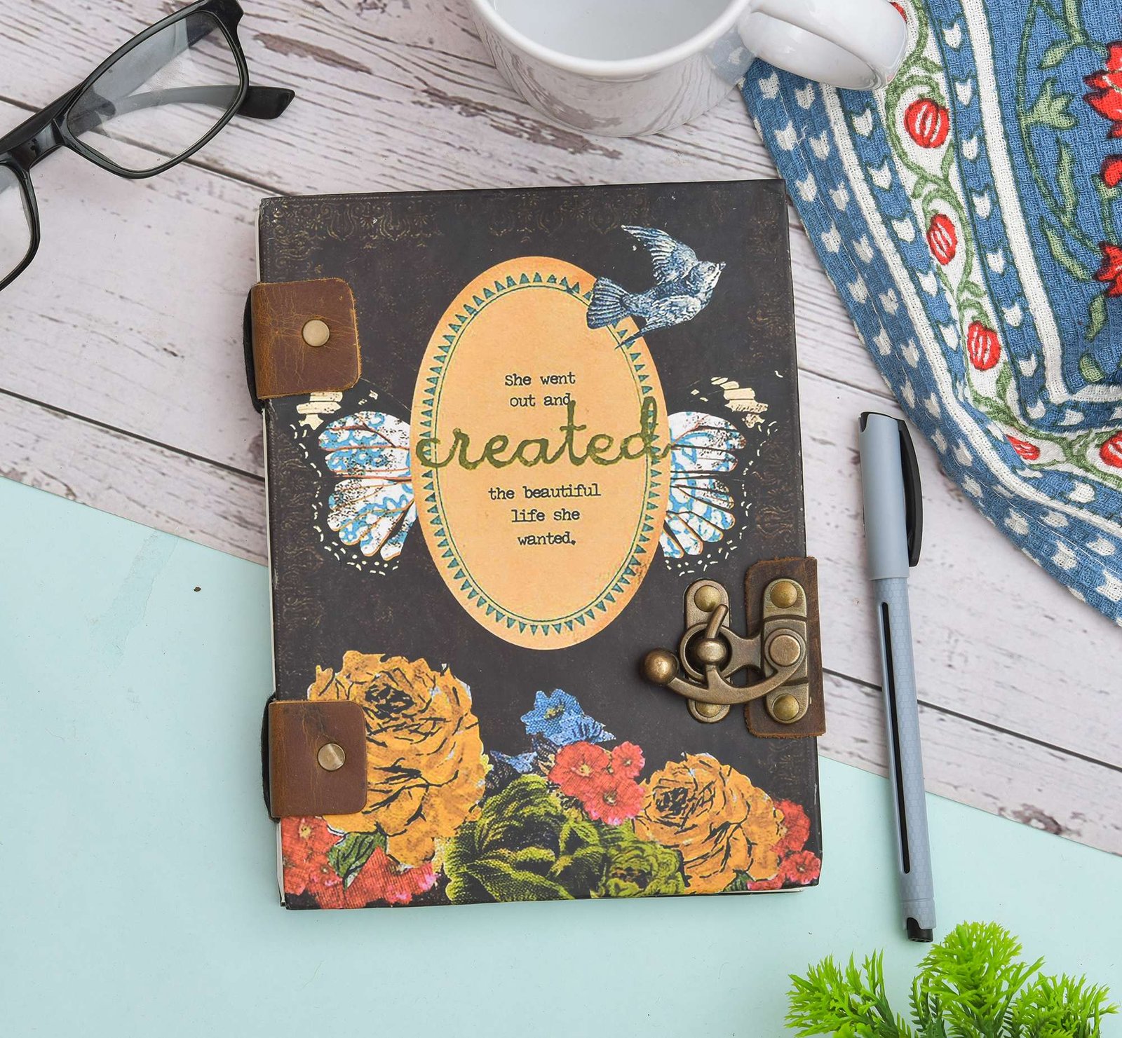 Handmade Printed Cardboard Journal Diary with Buckle Lock Unruled 200 Pages Notepad Personal Diaries for Men and Women -26