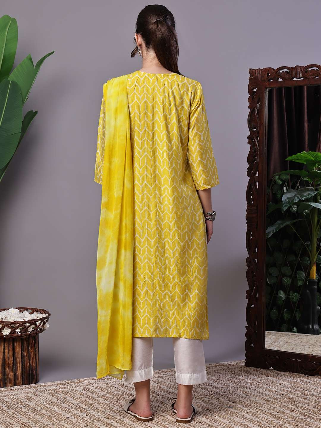 Women's Mustard Yellow Chevron Print Chanderi Kurta Set with Mirror Work Suit Sets - Image 2