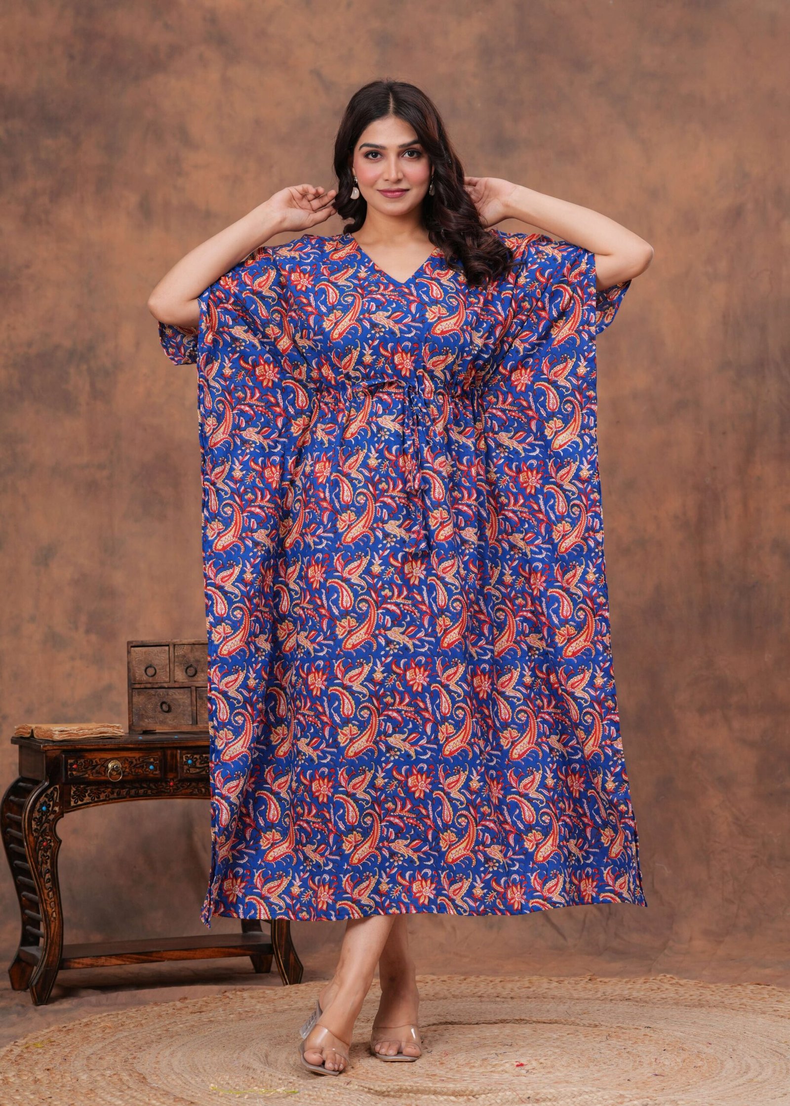 Women's Blue Cotton Printed Kaftan Dress with Drawstring Waist