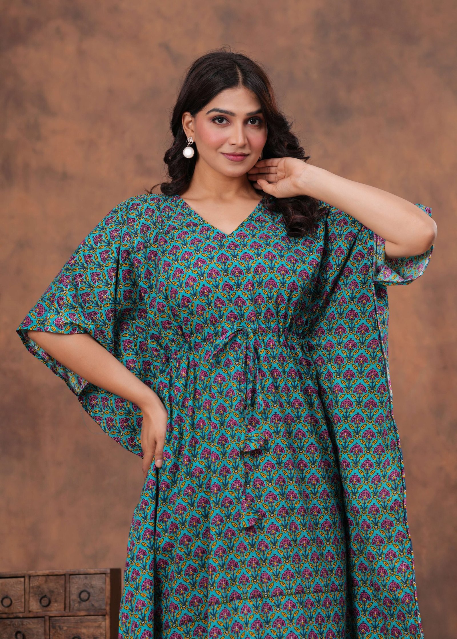 Women's Green Cotton Printed Kaftan Dress with Drawstring Waist - Image 5