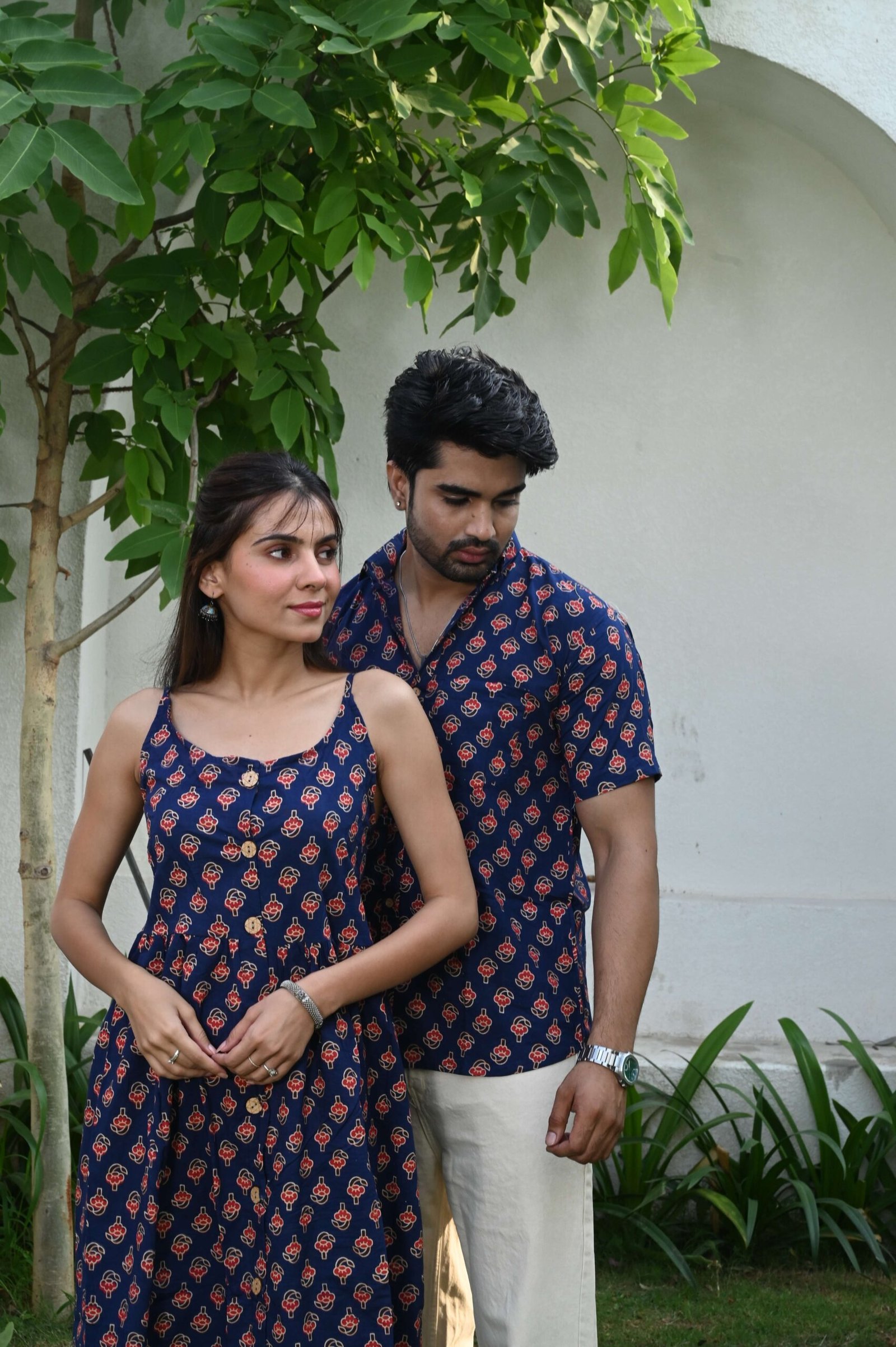 Couple Matching Outfit ? Navy Blue Cotton Printed Midi Dress & Shirt Set, Summer Casual Wear - Image 5