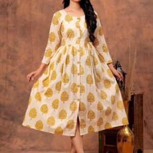 Navy Blue Ethnic Floral Printed A-Line Midi Dress with 3/4 Sleeves & Front Buttons ? Elegant Casual Wear