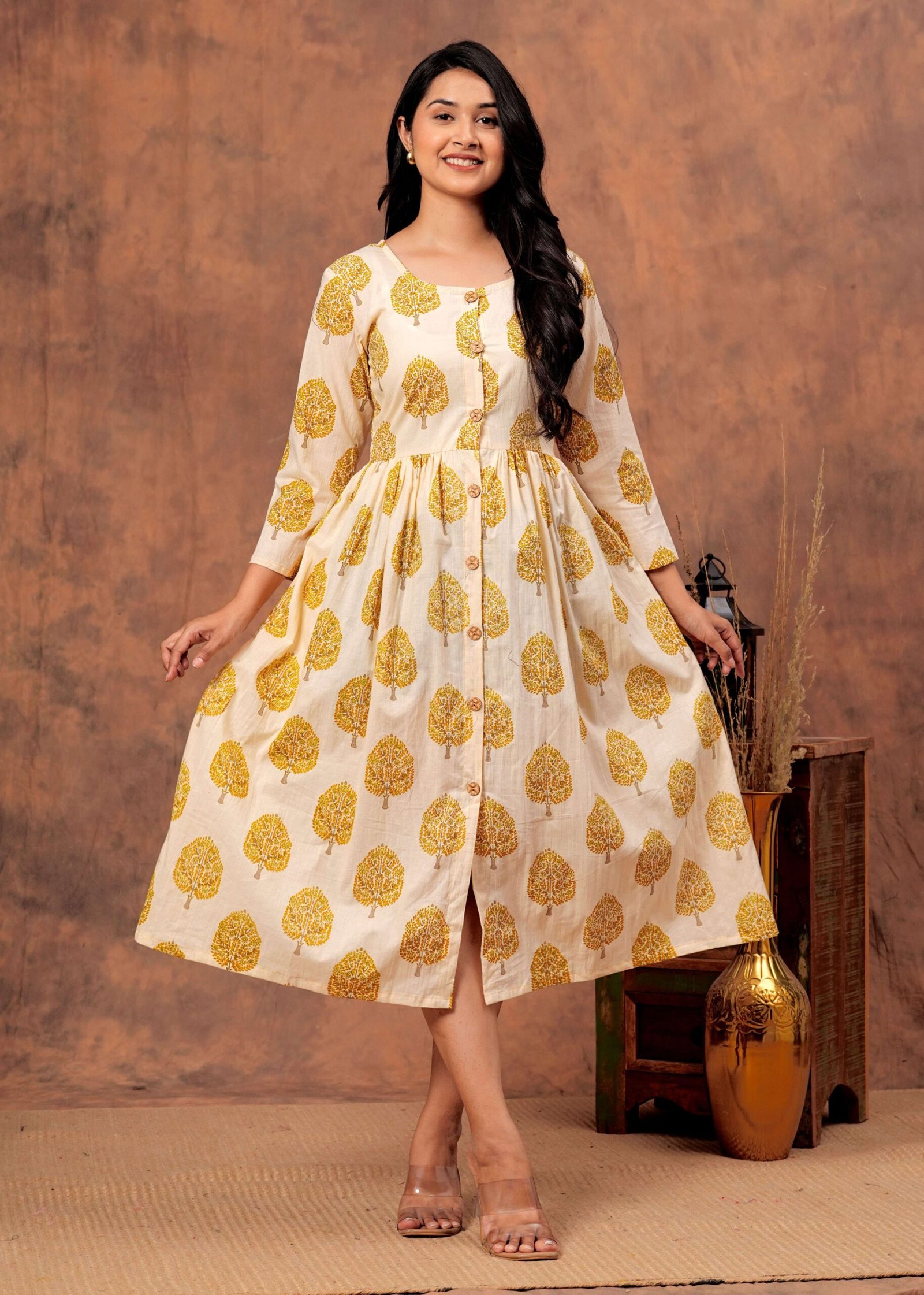 Navy Blue Ethnic Floral Printed A-Line Midi Dress with 3/4 Sleeves & Front Buttons ? Elegant Casual Wear