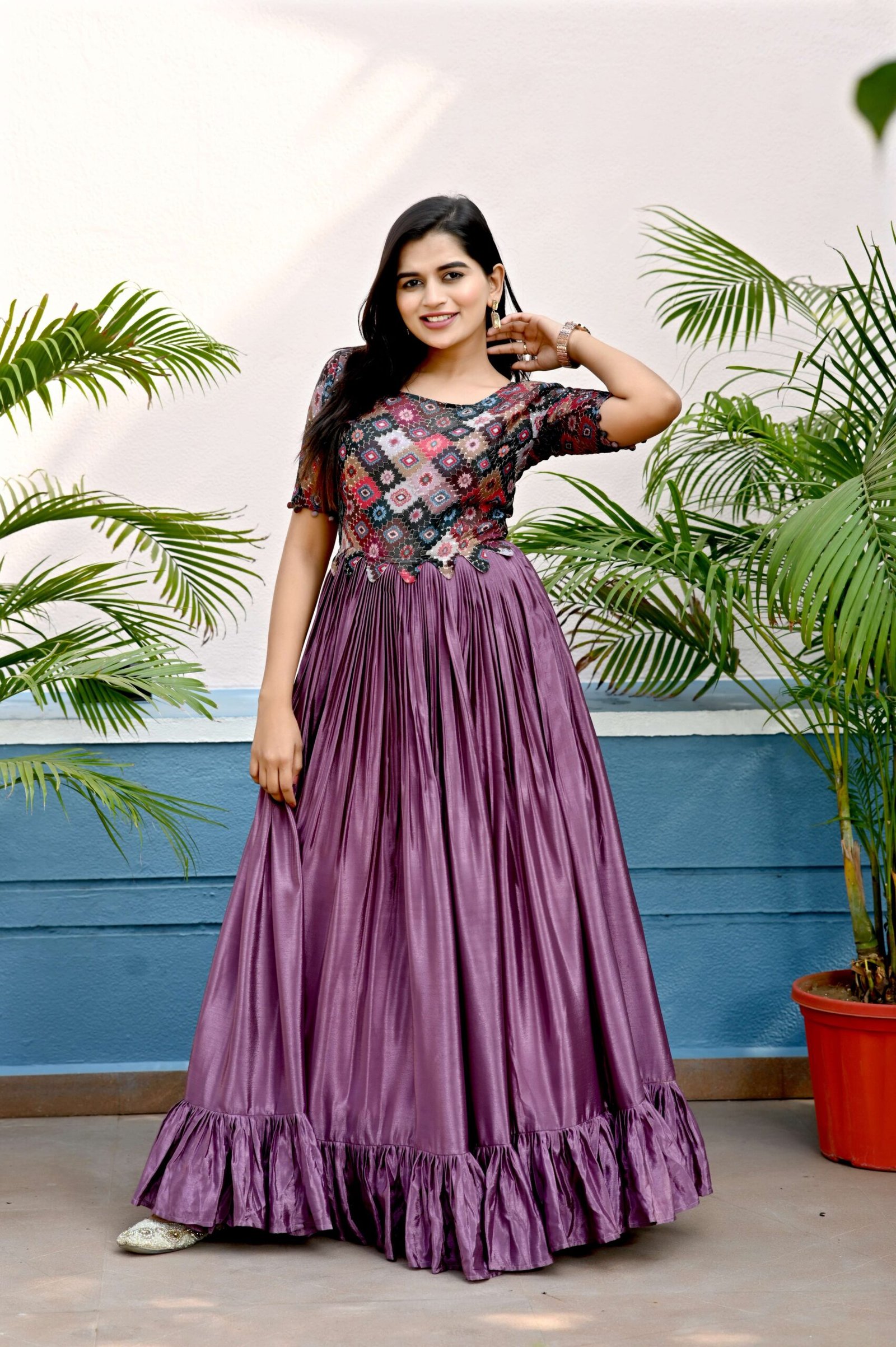 Purple Premium Chinnon Designer Gown with Sequins & Position Print ? Elegant Ready-to-Wear Dress