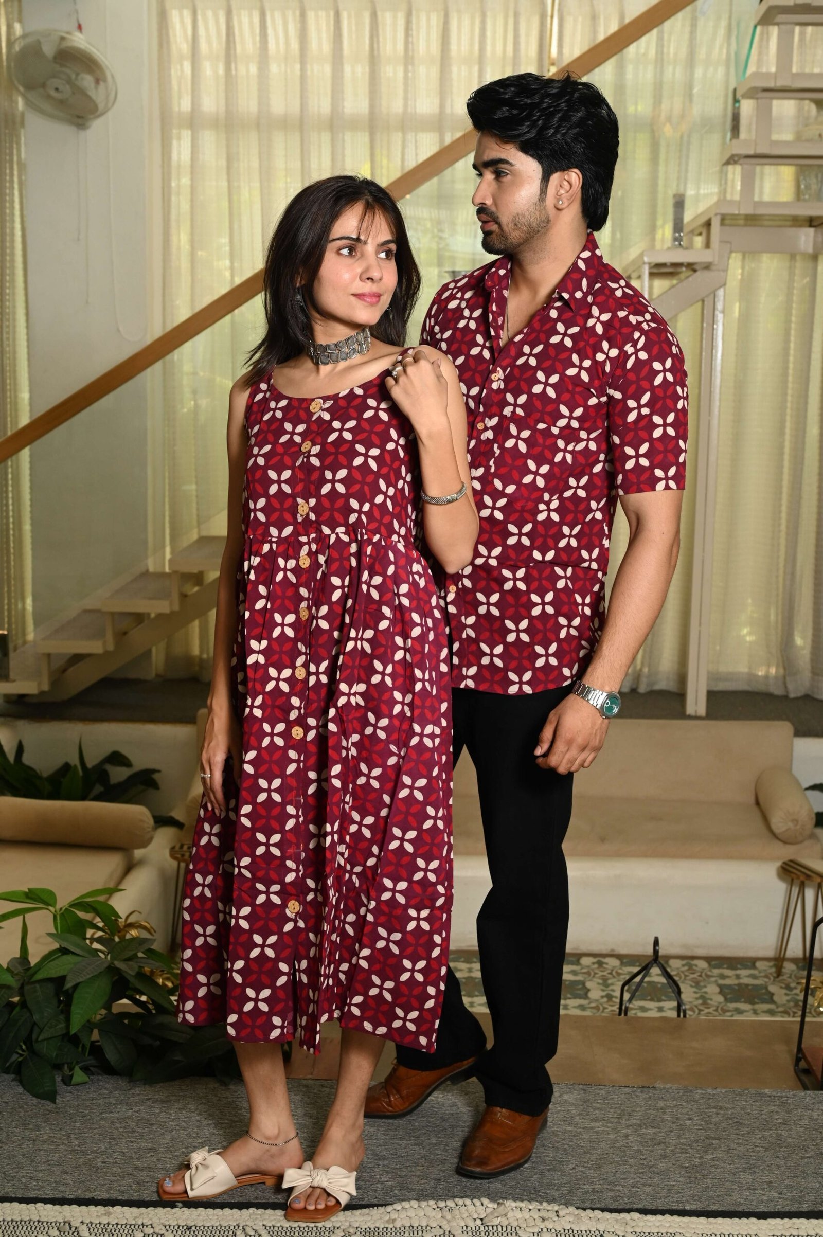 Couple Matching Outfit ? Maroon Cotton Printed Midi Dress & Shirt Set, Stylish Summer Wear - Image 2