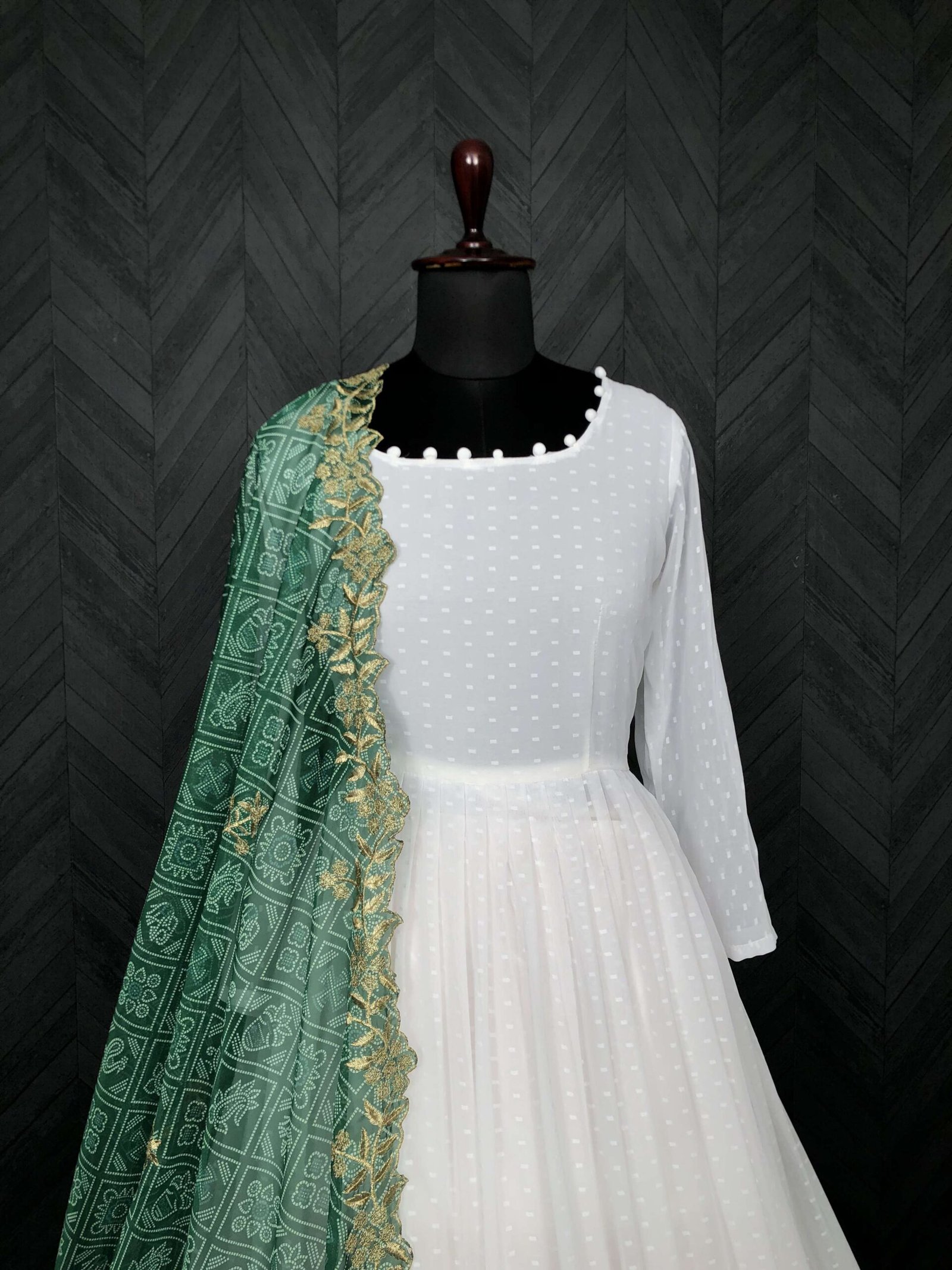 Elegant White And Green Georgette Gown with Soft Organza Dupatta ? Premium Designer Ready-to-Wear Set - Image 2