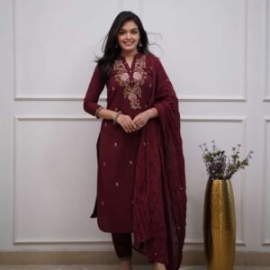 Women's Cotton Embroidery work Straight kurti with Pant & mulmul dupatta set