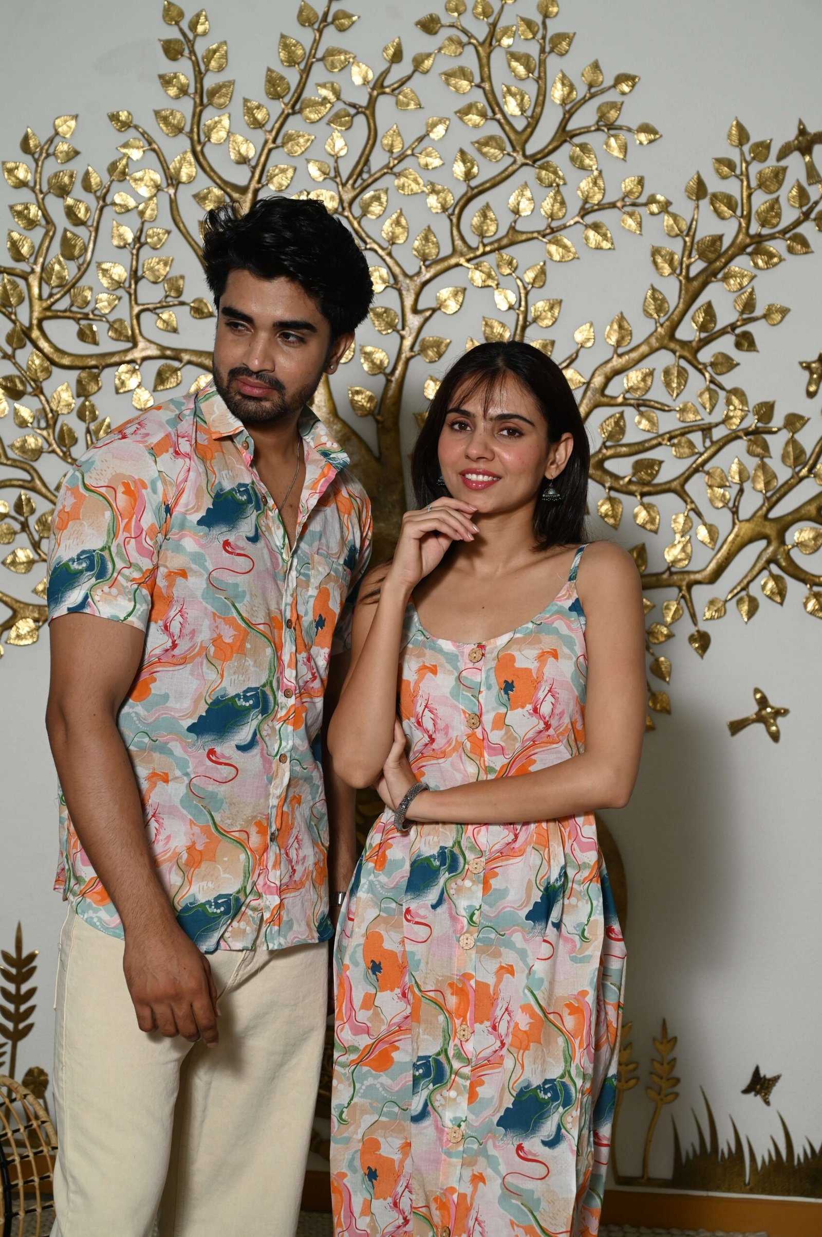 Couple Matching Outfit ? Multi-color Cotton Printed Midi Dress & Shirt Set, Summer Casual Wear - Image 4