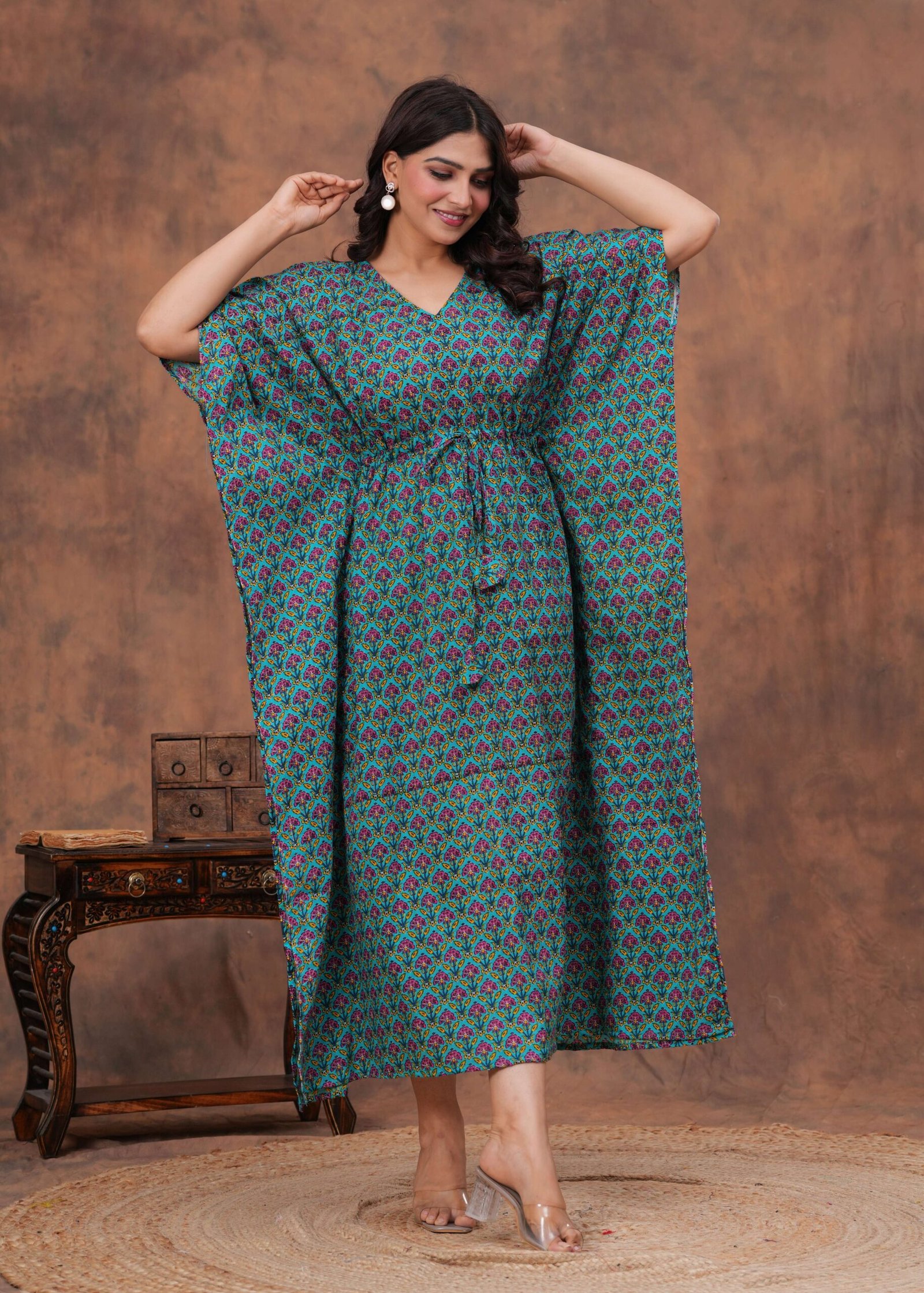 Women's Green Cotton Printed Kaftan Dress with Drawstring Waist - Image 4