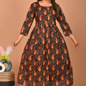 Black Floral Printed A-Line Midi Dress with 3/4th Sleeves ? Elegant Casual & Party Wear