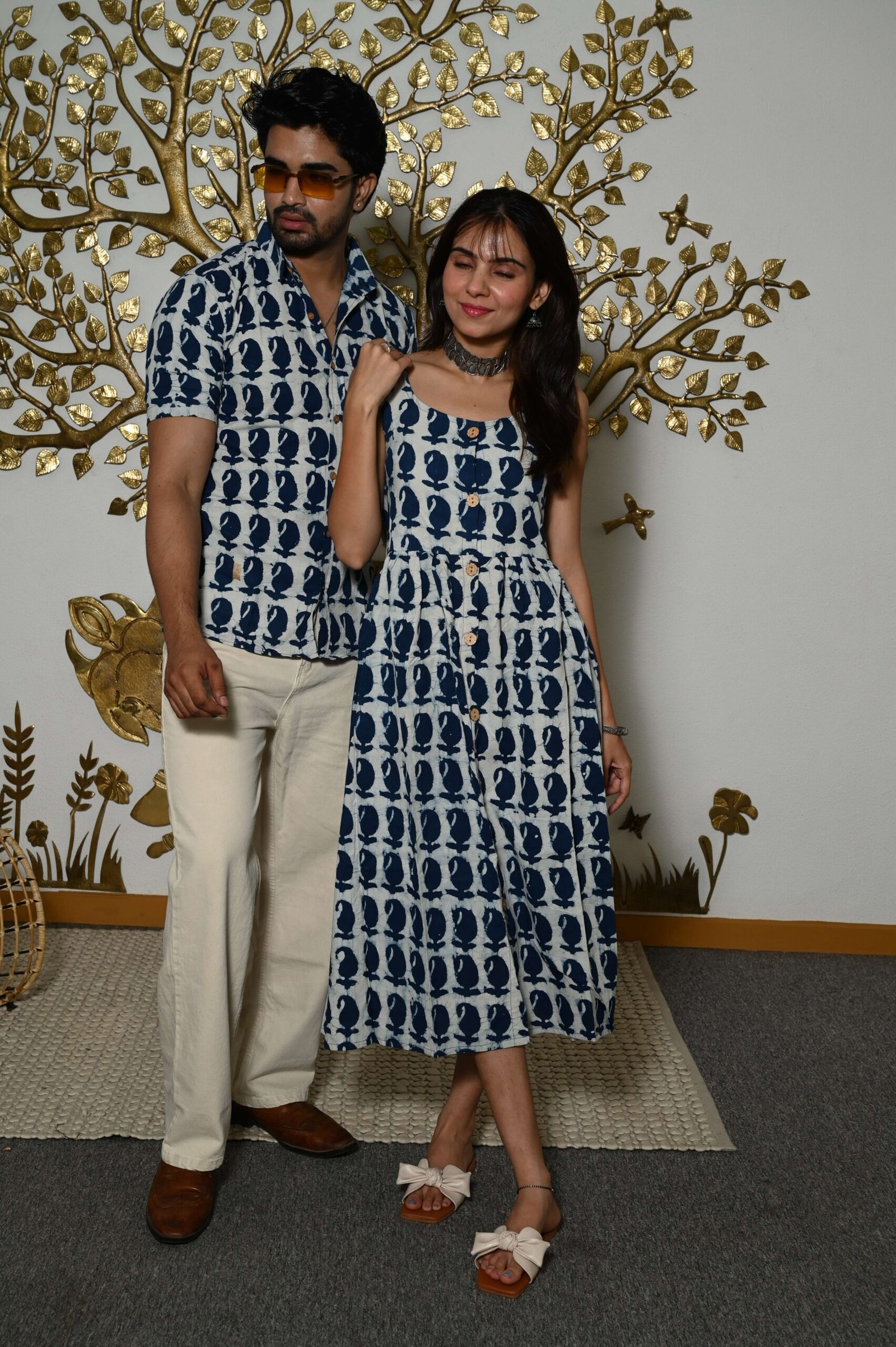 Couple Matching Outfit ? White Blue Cotton Printed Midi Dress & Shirt Set, Summer Casual Wear - Image 3