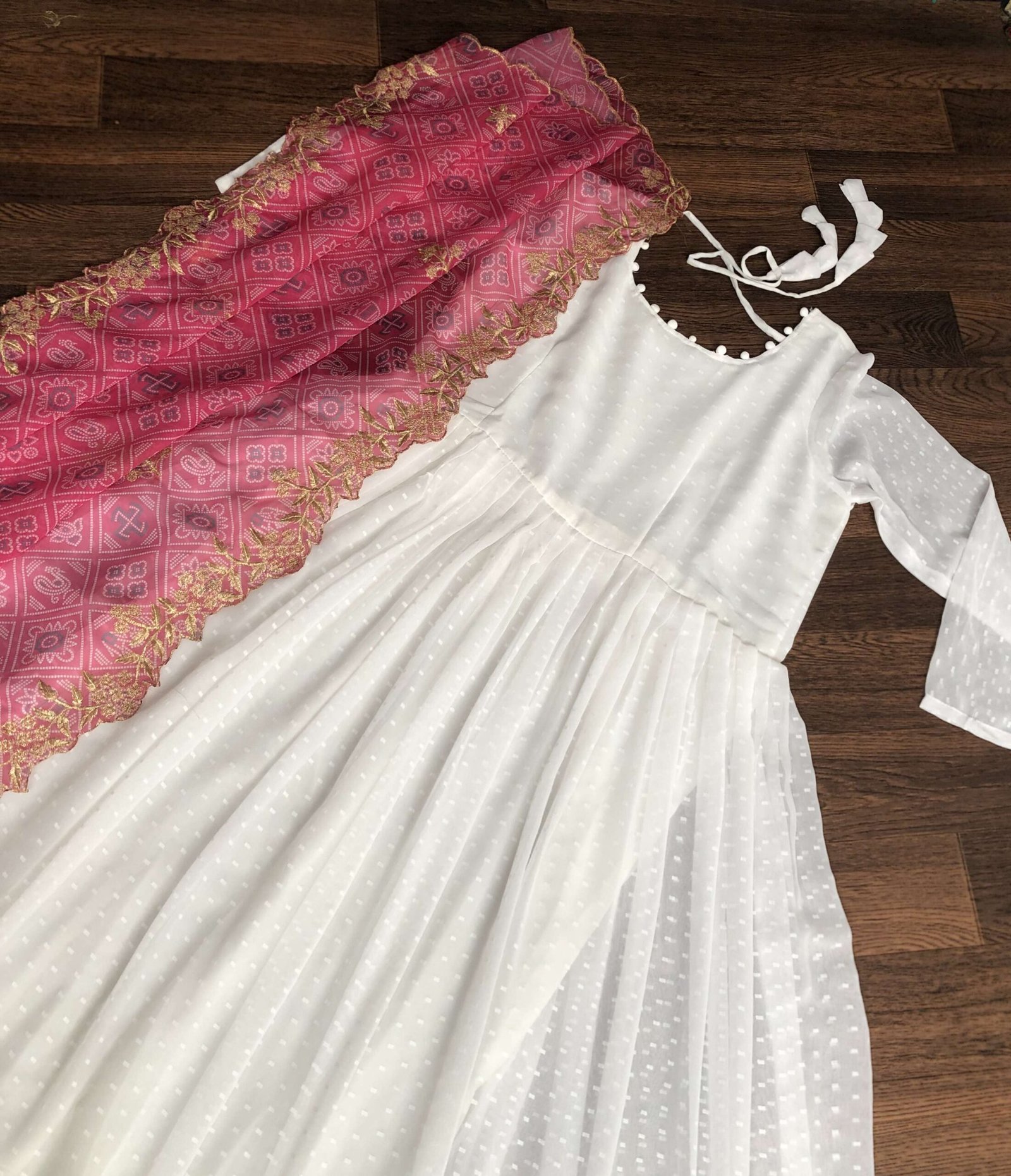 Elegant White And Pink Georgette Gown with Soft Organza Dupatta ? Premium Designer Ready-to-Wear Set - Image 2