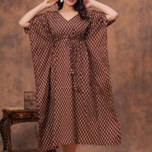 Women's Maroon Cotton Printed Kaftan Dress with Drawstring Waist
