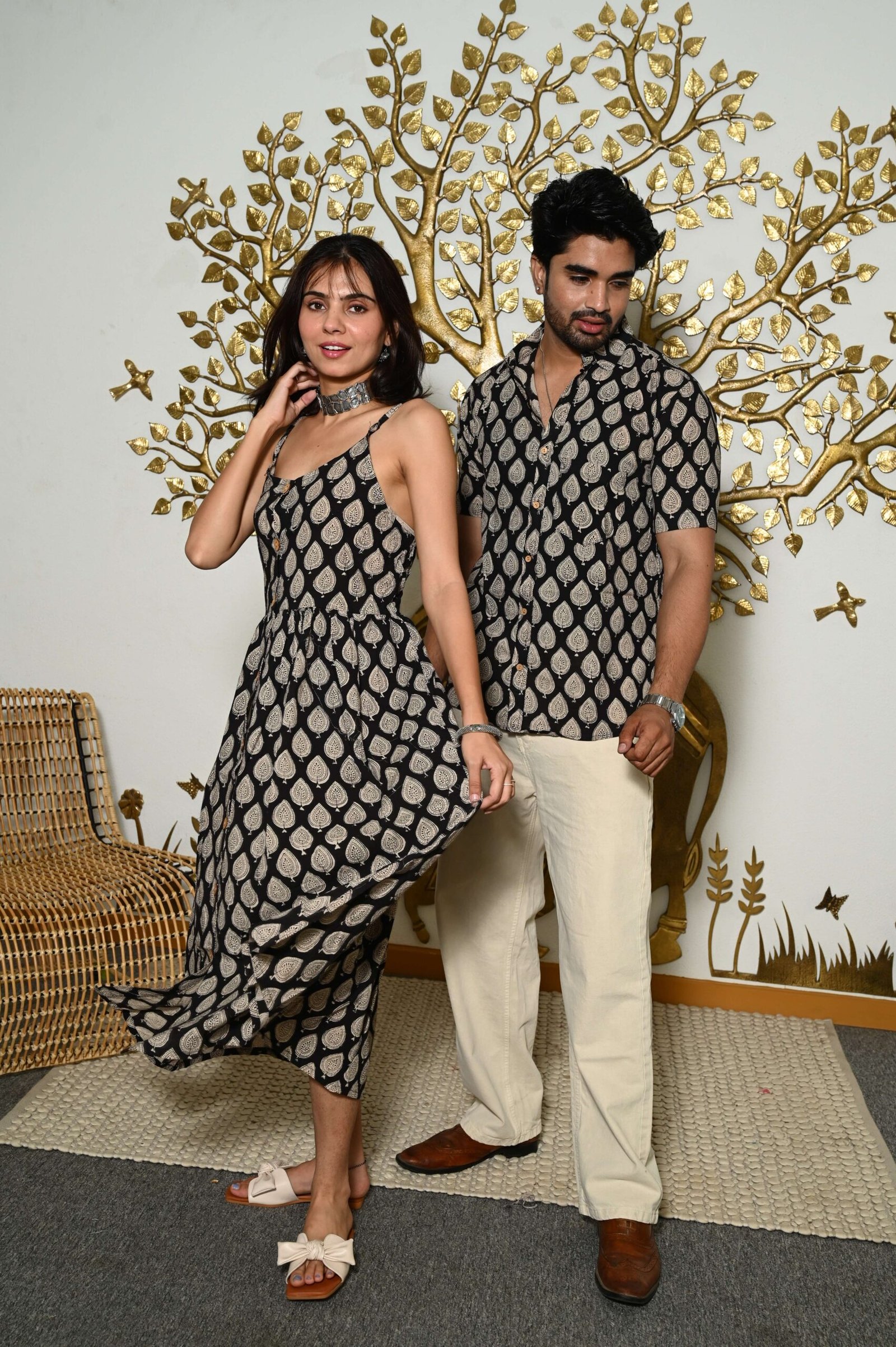 Couple Matching Outfit ? Black Cotton Printed Midi Dress & Shirt Set, Summer Casual Wear