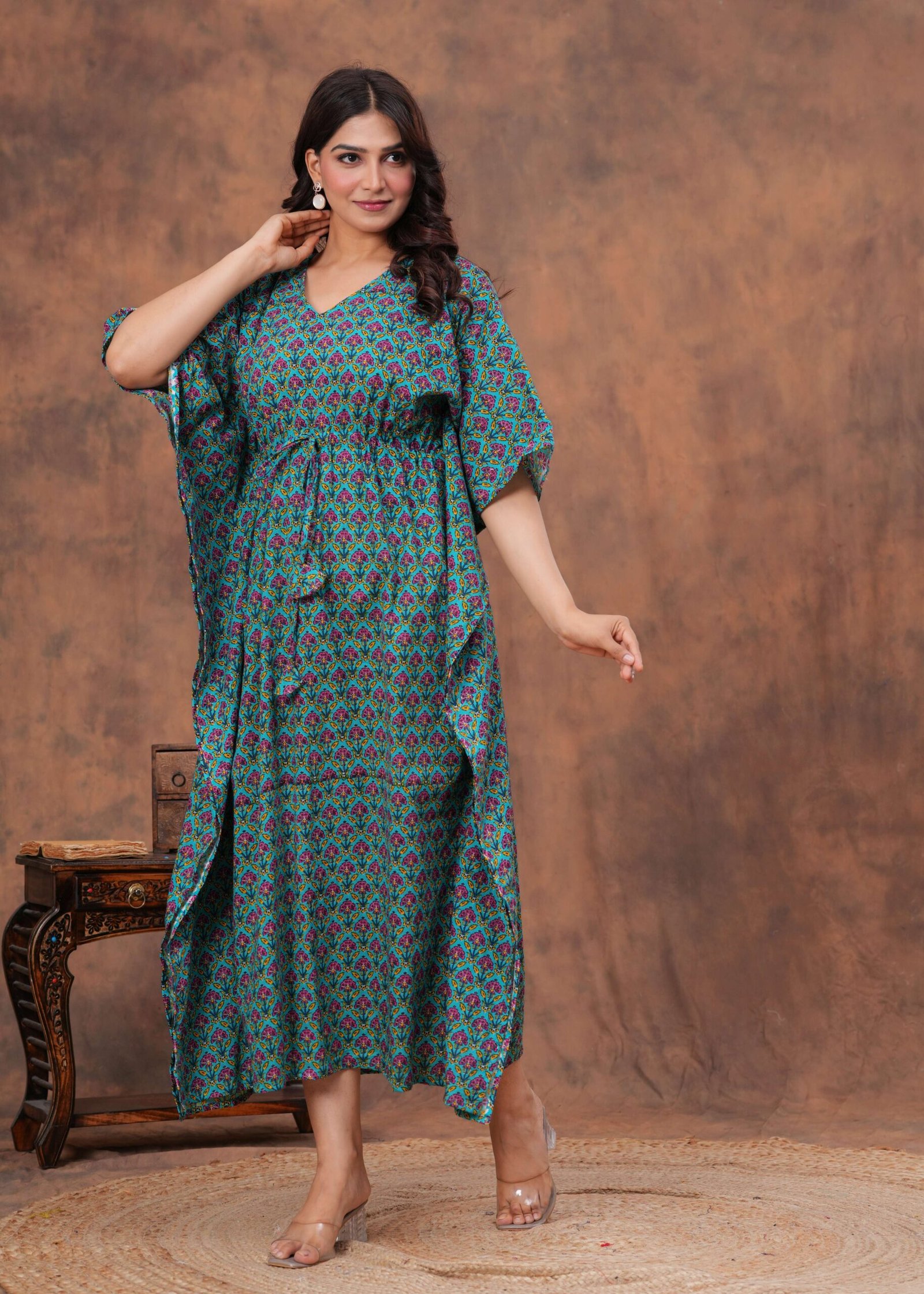 Women's Green Cotton Printed Kaftan Dress with Drawstring Waist - Image 3
